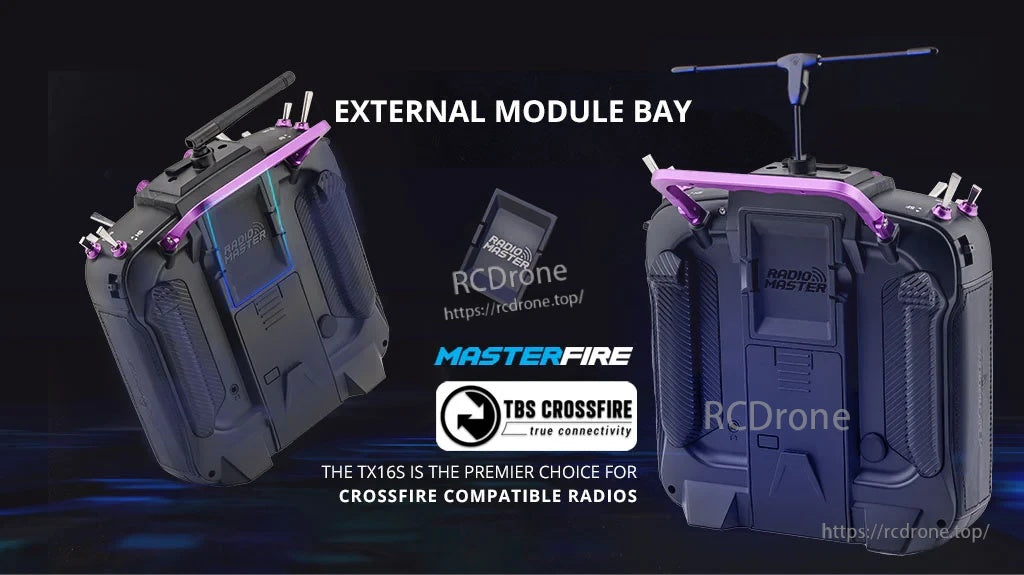 Back view showing JR-style external module bay on TX16S Mark II Max for add-on RF modules