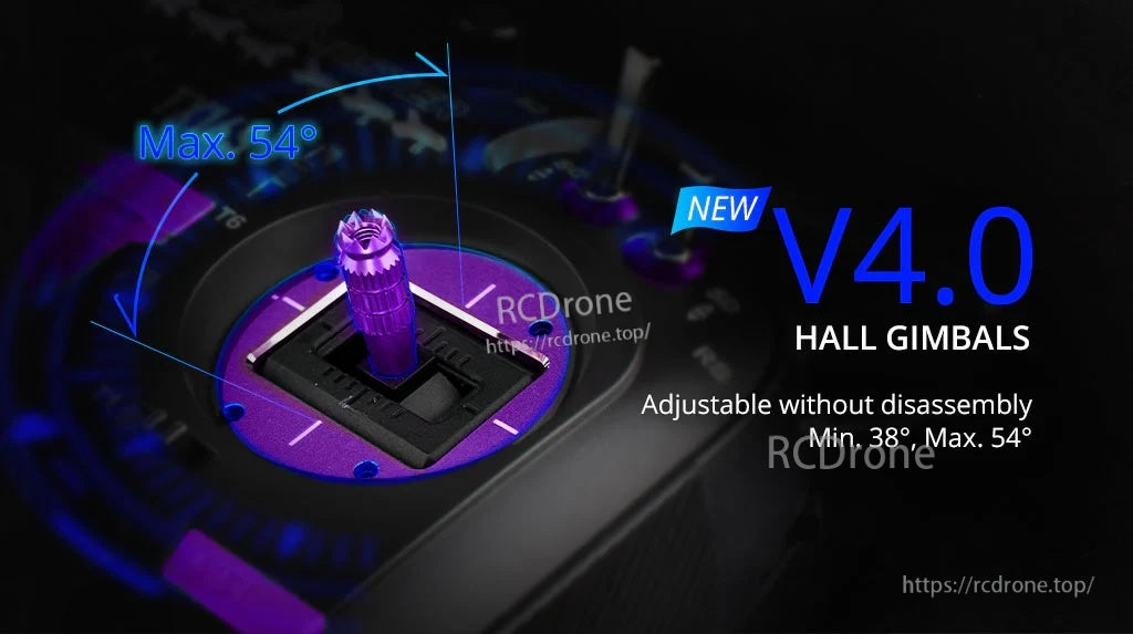 Close-up of V4.0 Hall gimbal on TX16S Mark II Max, adjustable stick travel and tension range