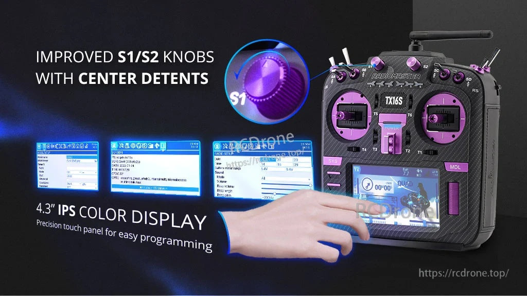 TX16S Mark II Max showing S1/S2 knobs with center detents and 4.3-inch IPS color touch display