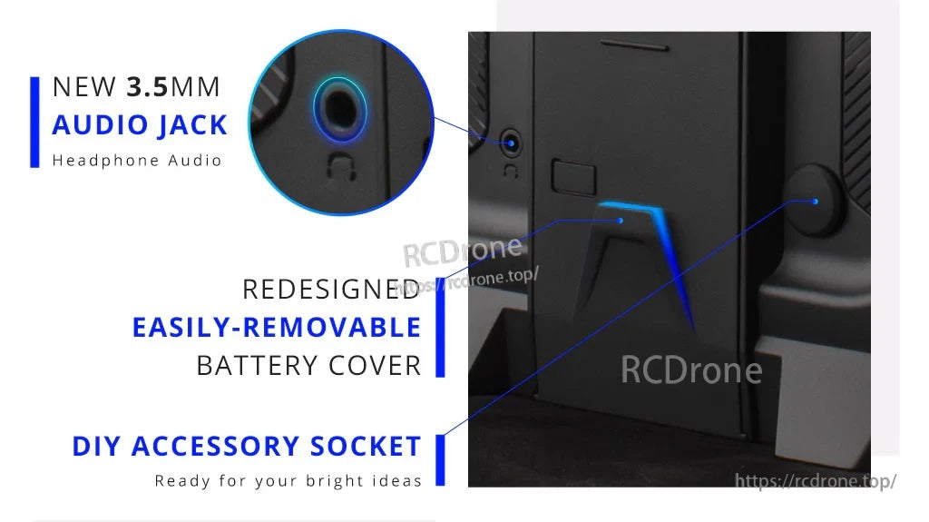 Close-up showing 3.5mm audio jack, removable battery cover, and rear DIY accessory socket on TX16S