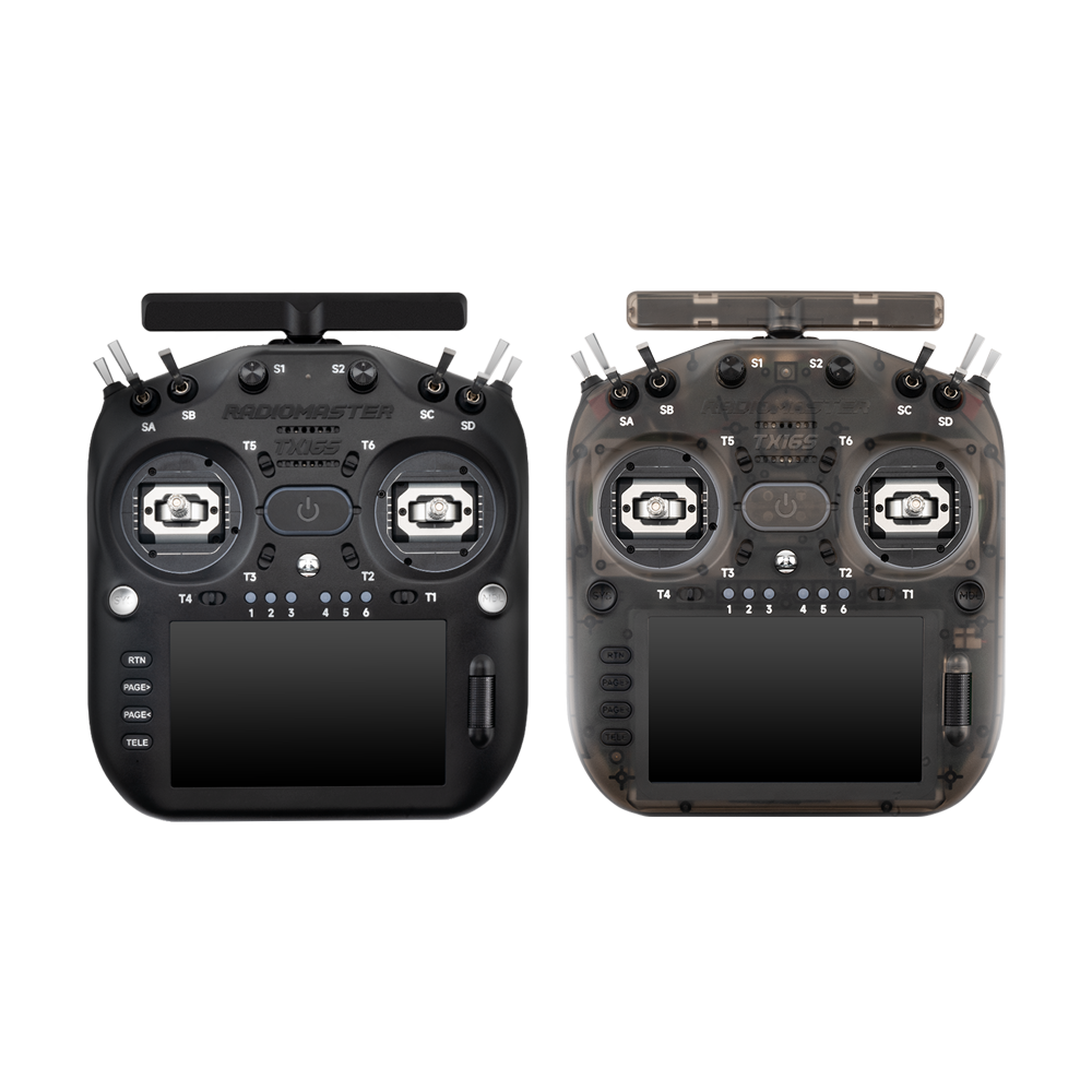 RadioMaster TX16S MK3 radio controller front view, black and transparent shell versions