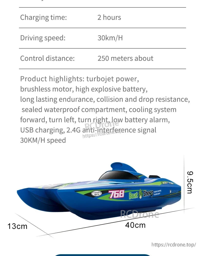 TX768 RC boat: 2-hour charge, 30km/h speed, 250m range. Features brushless motor, turbojet, waterproof design, cooling, USB charging, 2.4G signal. Size: 40x13x9.5cm.