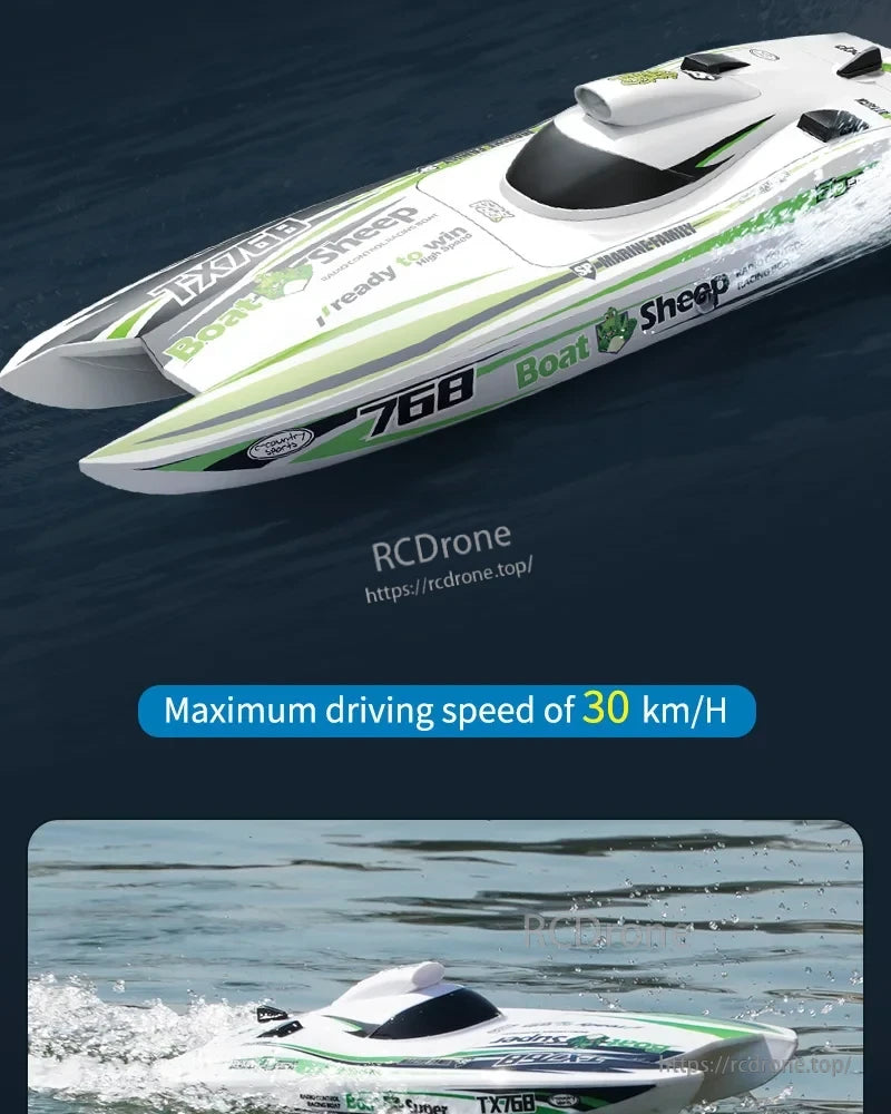The TX768 RC boat by Sheep Brand features a racing design and reaches a maximum speed of 30 km/h, ideal for high-performance remote-controlled water adventures.