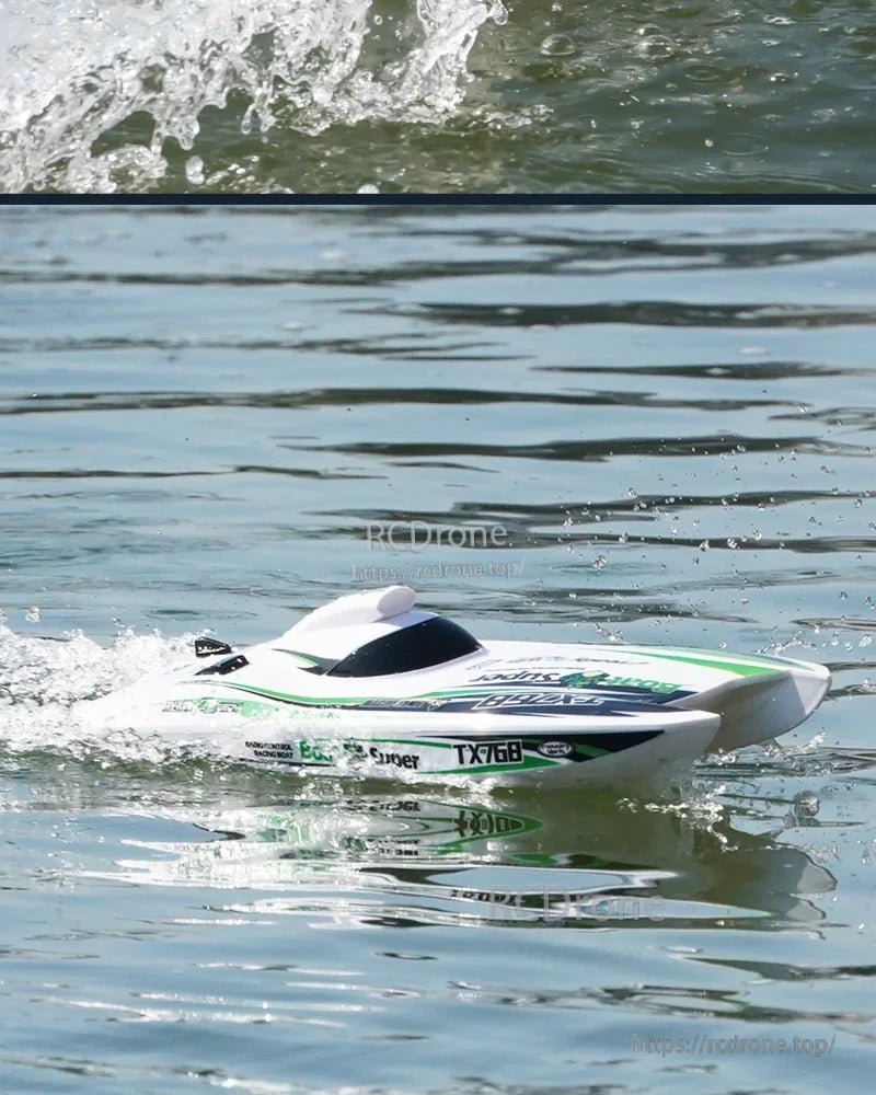 TX768 RC Boat, A high-speed RC boat with brushless motor, reaching speeds of 30km/h and having a range of over 250m.