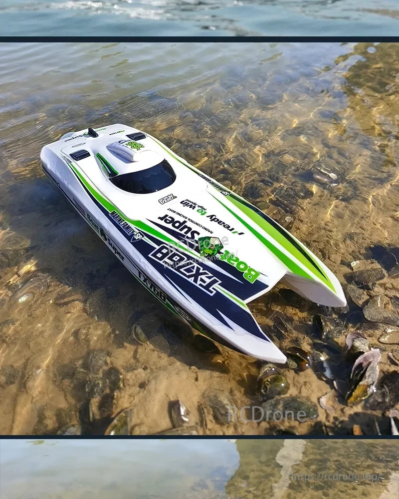 TX768 RC Boat features brushless jet speedboat with 30km/h speed, water-cooled motor, and range exceeding 250m.