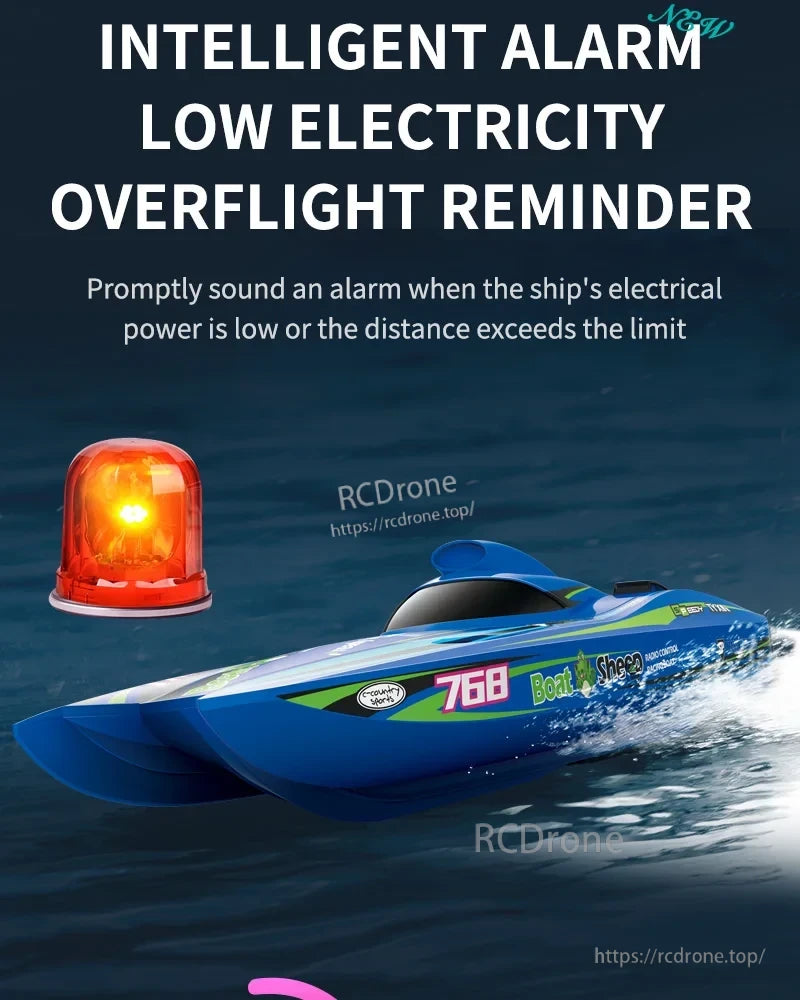 TX768 RC Boat, Intelligent alarm for low electricity and overflight reminder on RC boat with flashing light.