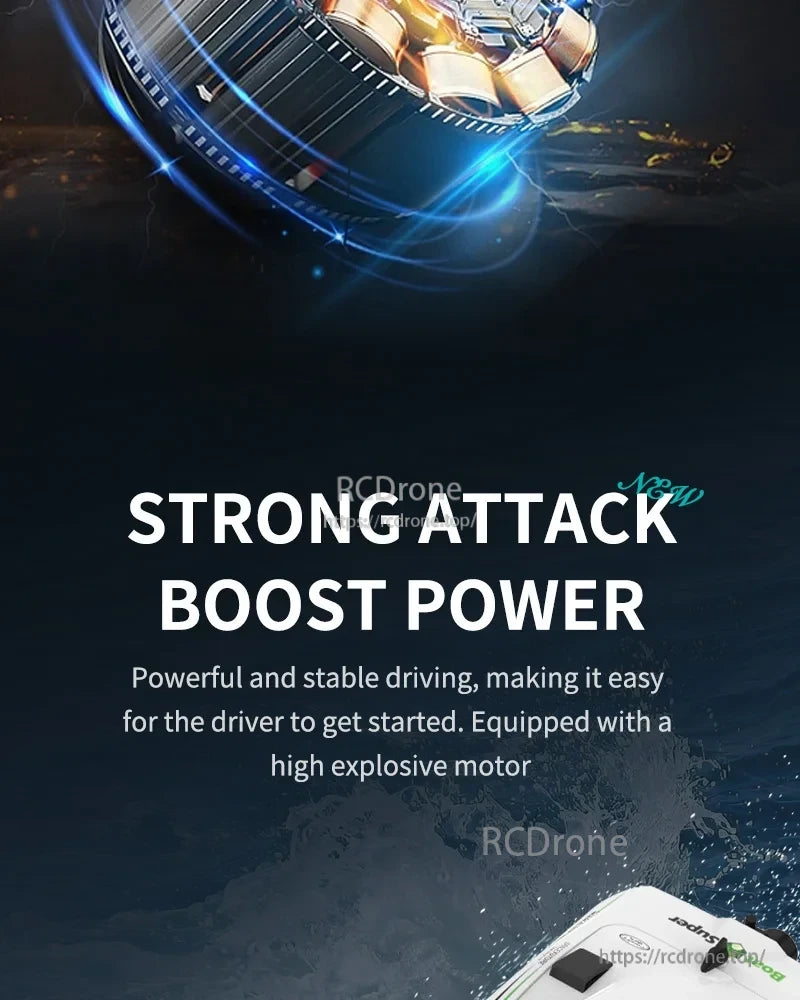 TX768 RC Boat, High explosive motor ensures stable driving with strong attack boost power.