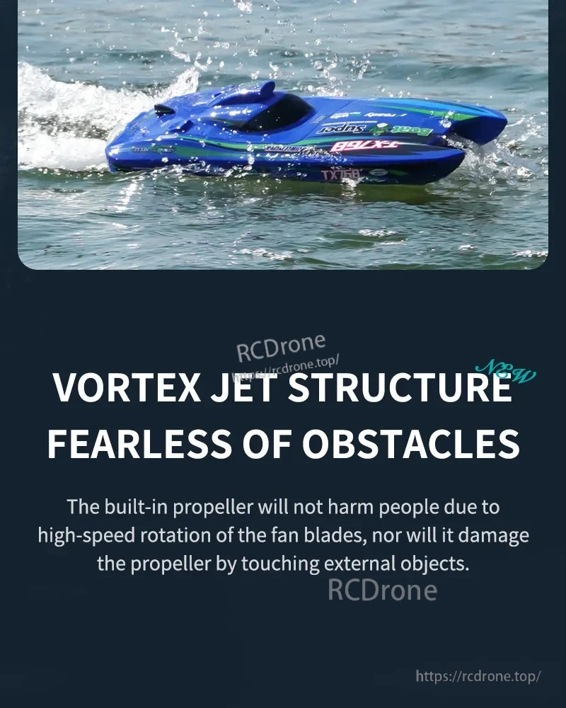 The TX768 RC Boat features a vortex jet, obstacle-resistant design, and a safe, durable built-in propeller for user protection and long-lasting performance.