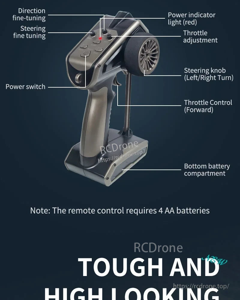 TX768 RC Boat, Remote control features power switch, throttle, steering, fine-tuning buttons, battery compartment; requires 4 AA batteries. Durable, sleek design.