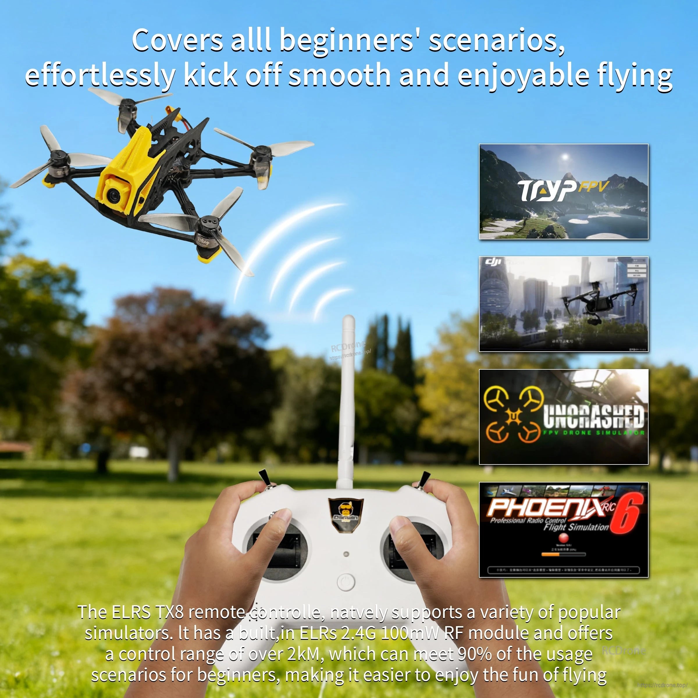 TX8 ELRS radio controller with simulator support icons, highlighting beginner practice and control range