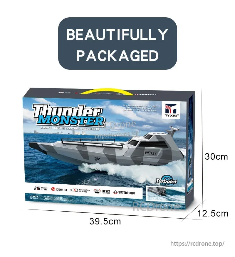 TY727 RC Boat, Thunder Monster 2.4GHz RTR jet airship with waterproof design, demo mode, low battery warning, reset function; package size: 39.5cm x 30cm x 12.5cm.