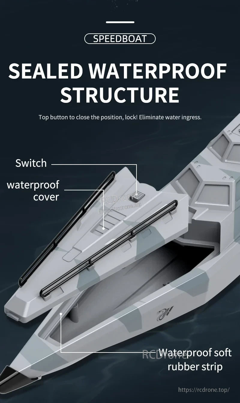 TY727 RC Boat, Sealed waterproof structure with switch cover and soft rubber strip for water resistance.