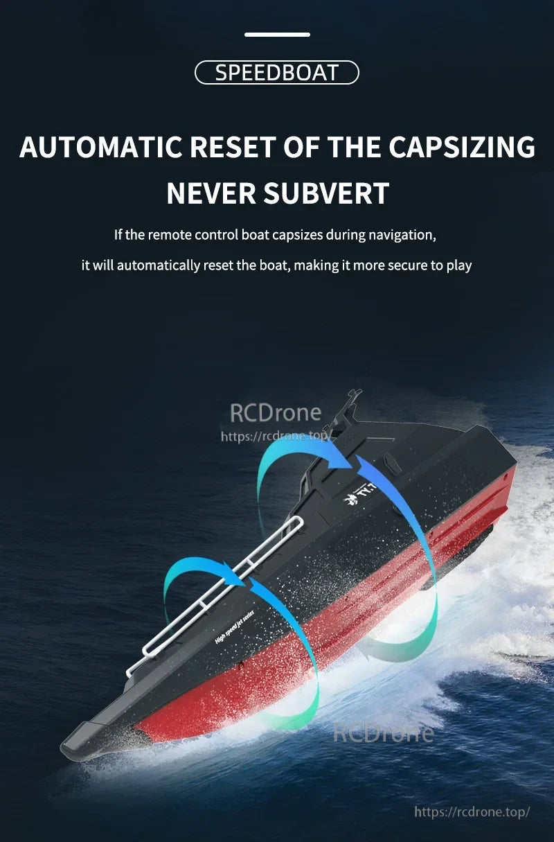 TY727 RC Boat, Speedboat with automatic reset for stable, secure remote control navigation. (14 words)