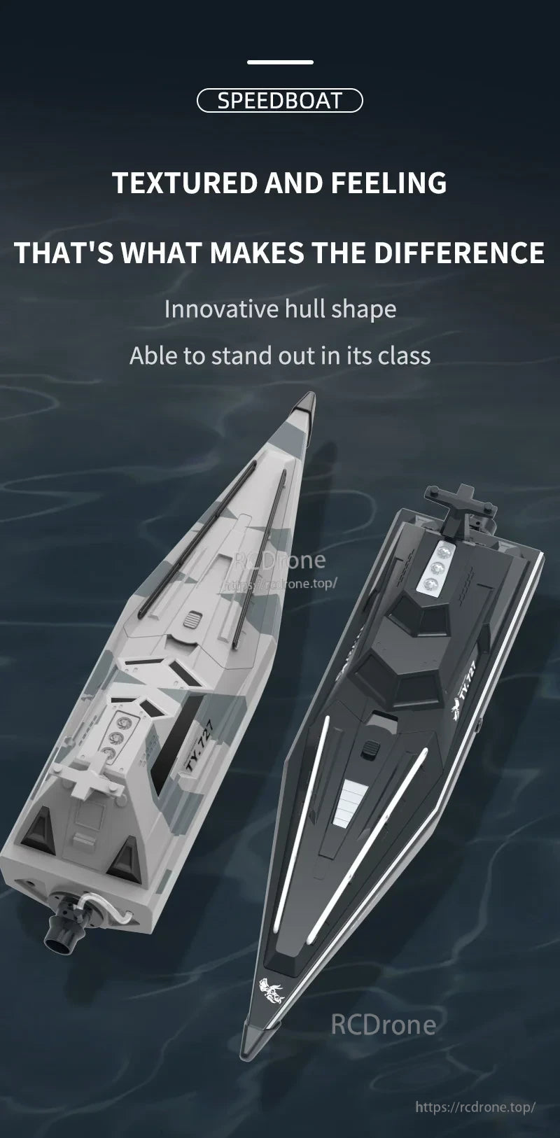 TY727 RC Boat, The TY727 RC speedboat features a textured design, innovative hull, and high-performance racing capabilities for an enhanced remote-controlled boating experience.