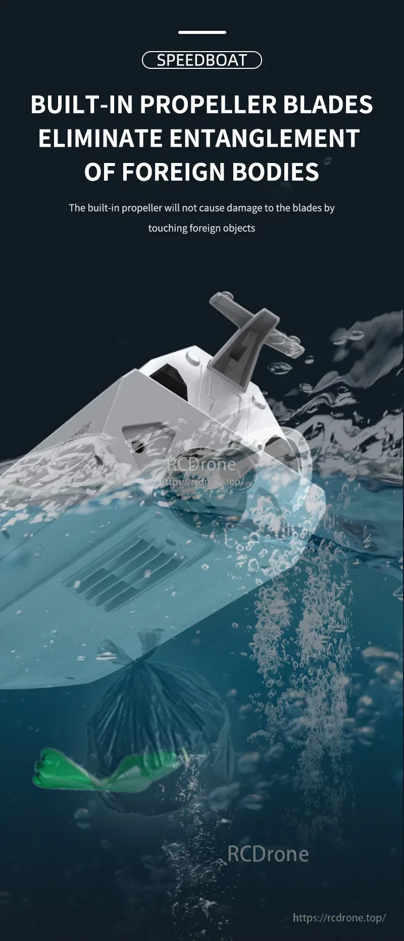 TY727 RC Boat, Speedboat features integrated propeller blades to prevent entanglement and damage from foreign objects.