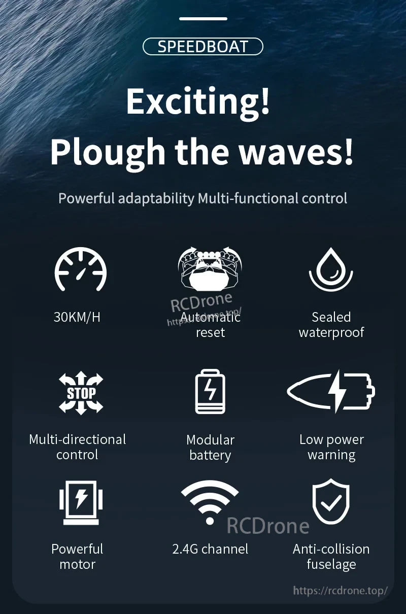 TY727 RC Boat, High-speed 30km/h waterproof speedboat with automatic reset, multi-directional control, modular battery, low power warning, powerful motor, 2.4G anti-collision system.