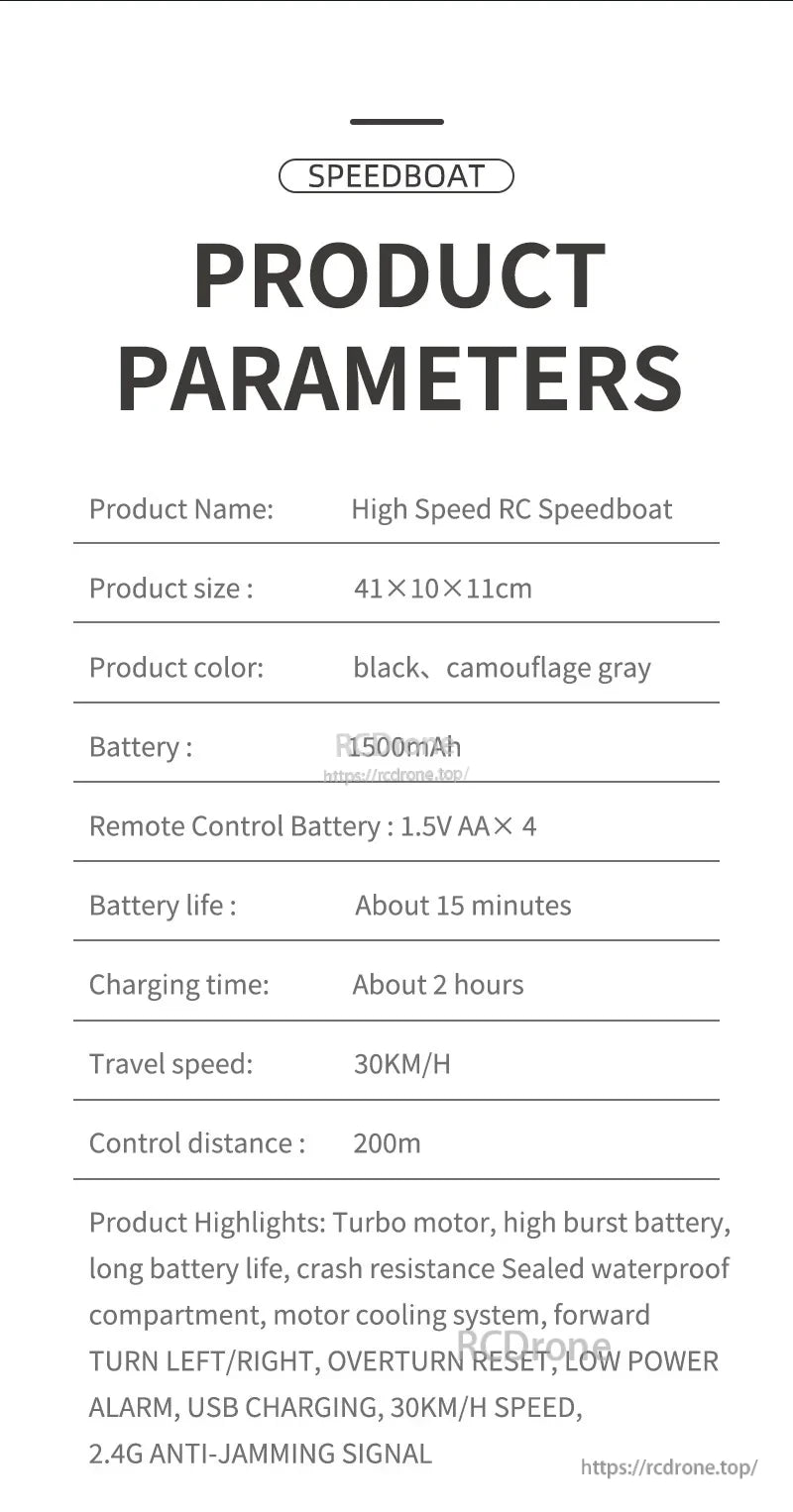 TY727 RC Boat, High-speed RC speedboat with 30km/h speed, 200m range, turbo motor, waterproof design, USB charging, 2.4G control, 15-min runtime, and 2-hour charge.