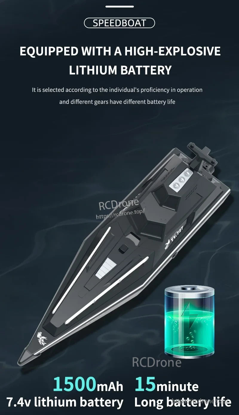 TY727 RC Boat, RC speedboat features a 1500mAh battery, 15-minute runtime, high power output, and adjustable gears for dynamic, responsive performance on the water. (24 words)