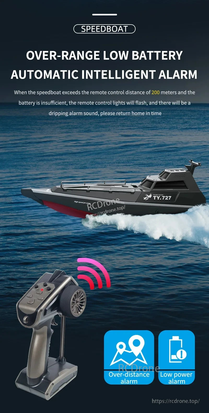 TY727 RC Boat, The TY.727 RC speedboat features automatic over-range and low battery alarms with flashing lights and sound alerts at 200 meters or low power.