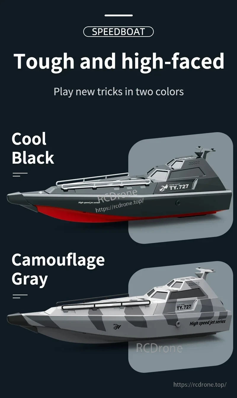 TY727 RC Boat, The TY727 RC speedboat features a sleek black and gray camouflage design, offering high-speed performance with a durable, stylish build.