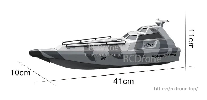 TY727 RC Boat, Speed and steering amplitude are adjustable from the controller, with up to 15 minutes of runtime on a 7.4V lithium battery.