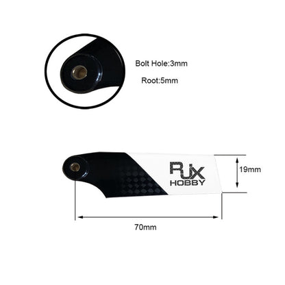 RJXHOBBY 70mm black and white carbon fiber tail rotor blade with 3mm bolt hole, 5mm root, 19mm width