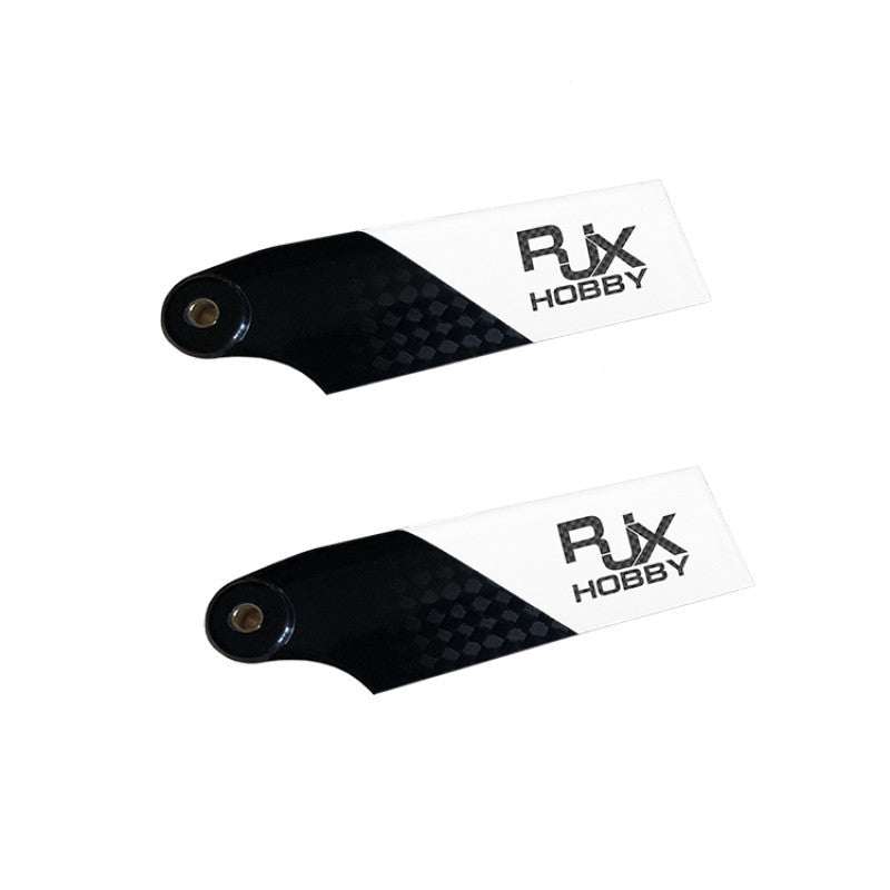 Pair of RJXHOBBY carbon fiber tail rotor blades in black and white with pre-drilled bolt holes.