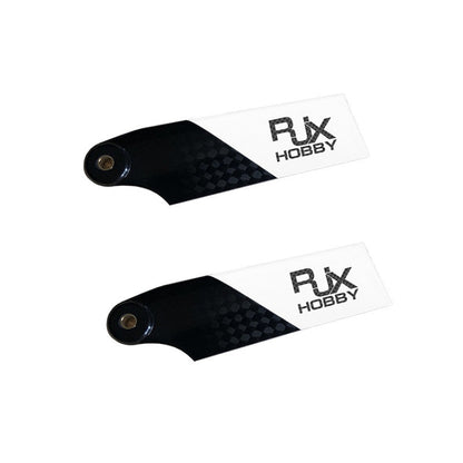 Pair of RJXHOBBY carbon fiber tail rotor blades in black and white with pre-drilled bolt holes.