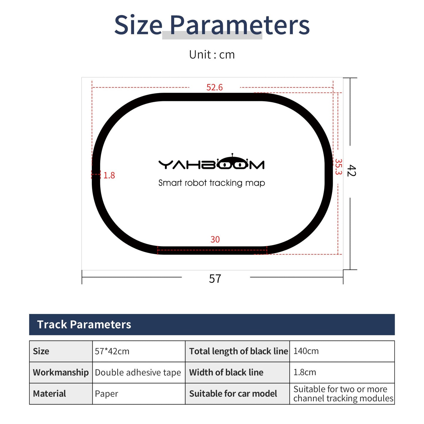 Size parameters chart for Yahboom 57x42cm paper tracking map, 1.8cm black line, 140cm total line