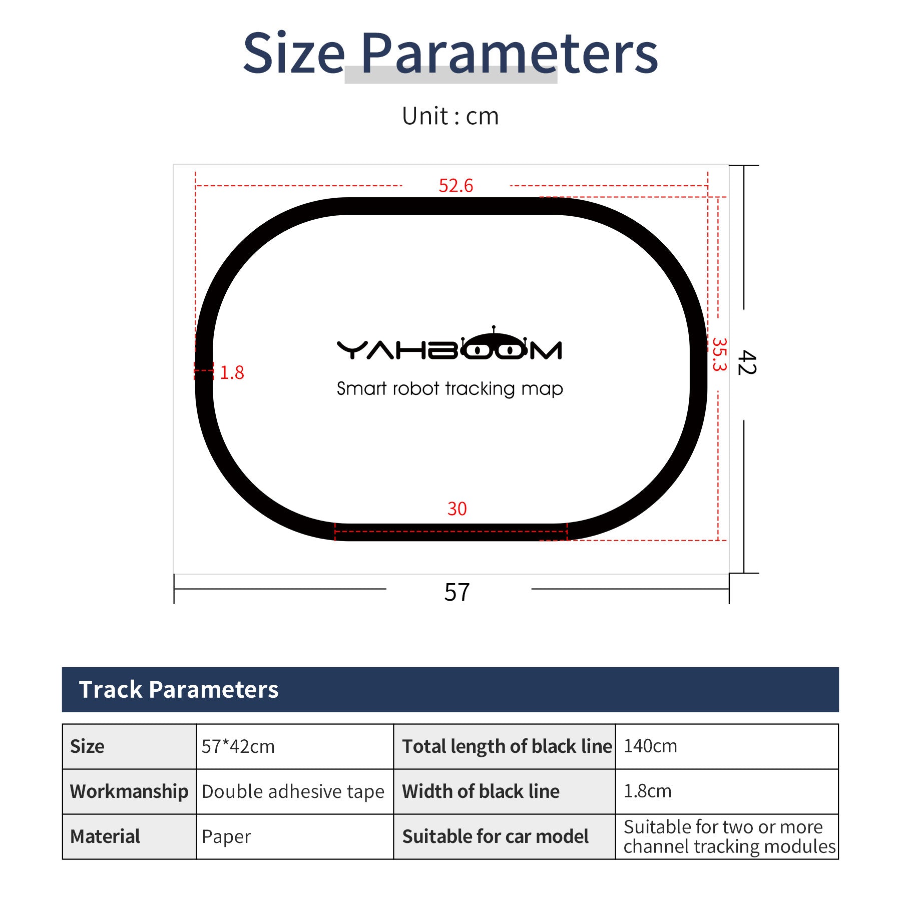 Size parameters chart for Yahboom 57x42cm paper tracking map, 1.8cm black line, 140cm total line
