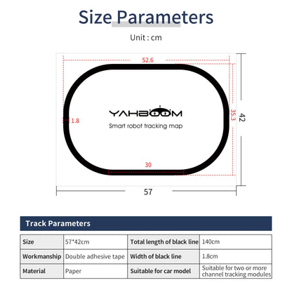 Size parameters chart for Yahboom 57x42cm paper tracking map, 1.8cm black line, 140cm total line