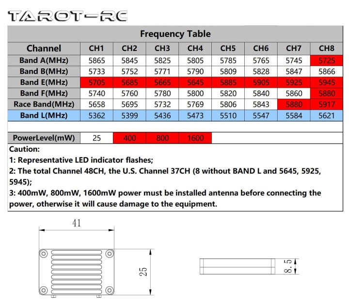 Tarot 5.8G 1.6W 48CH VTX, Frequency table for various channels and power levels.