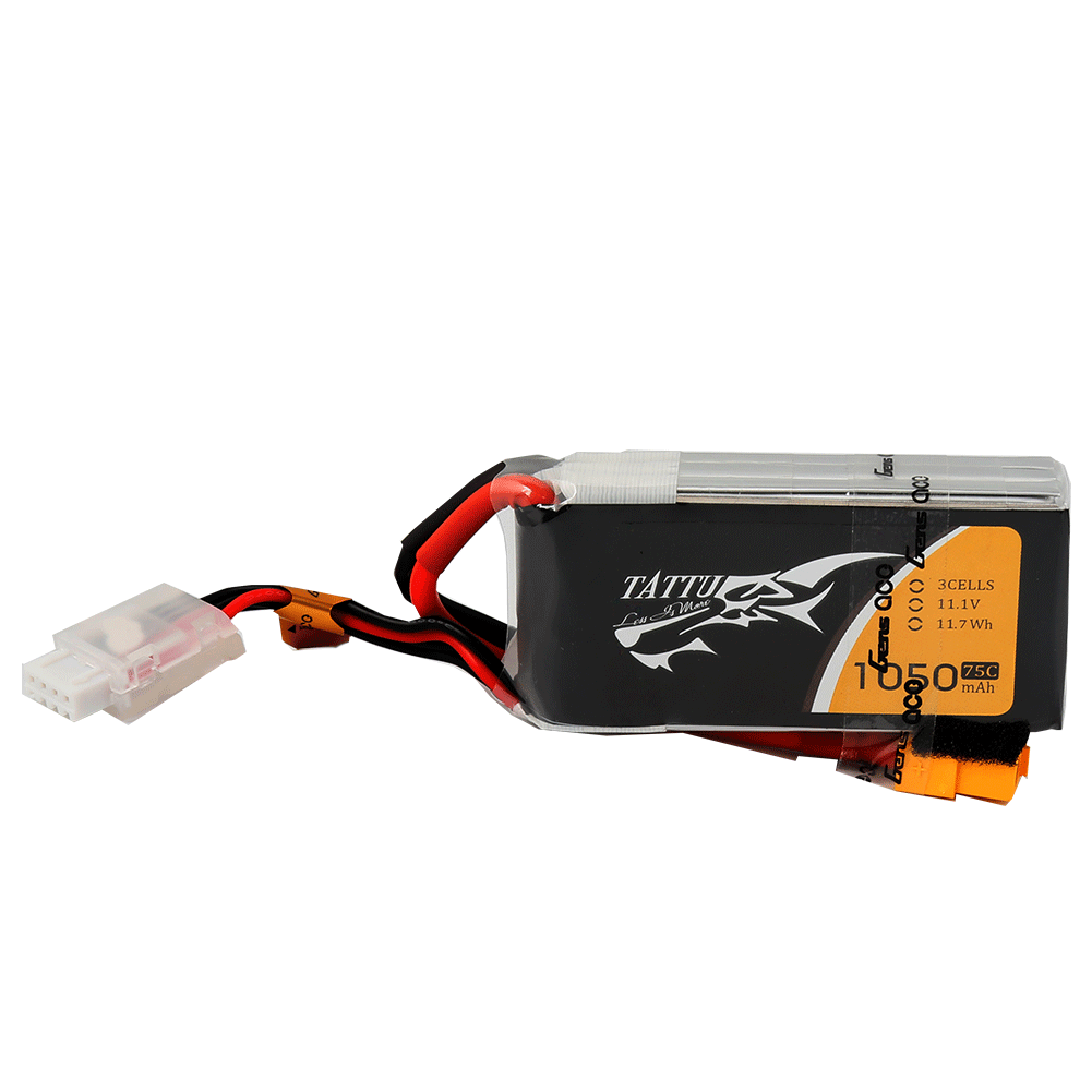 Tattu 1050mAh 3S 75C 11.1V LiPo Battery, Tattu 1050mAh 3S 11.1V 75C LiPo battery pack with main power lead and white balance connector