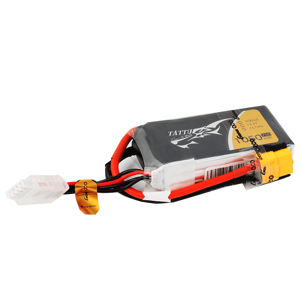 Tattu 1050mAh 3S 75C 11.1V LiPo Battery, Tattu 1050mAh 3S 11.1V LiPo battery pack with yellow main connector and white balance lead
