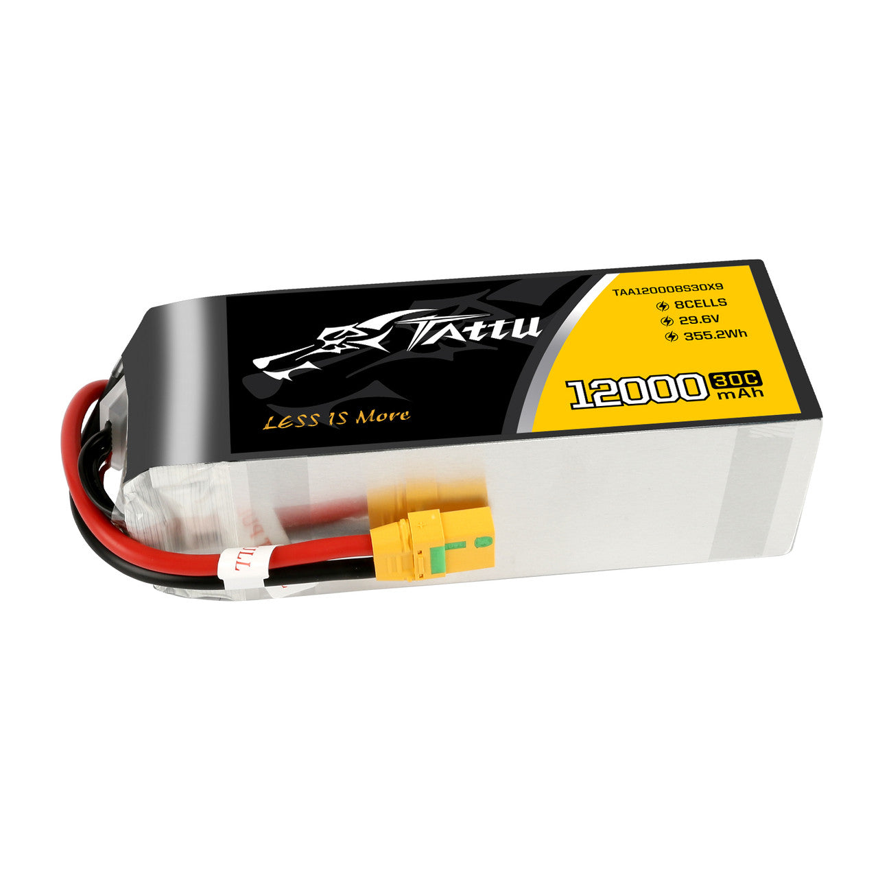Tattu 12000mAh 8S LiPo battery pack labeled 29.6V 30C 355.2Wh with XT90-S connector