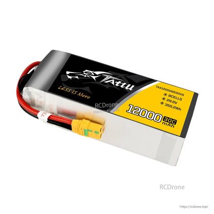 Tattu 8S 29.6V 12000mAh 30C LiPo battery pack with XT90-S connector, labeled 355.2Wh