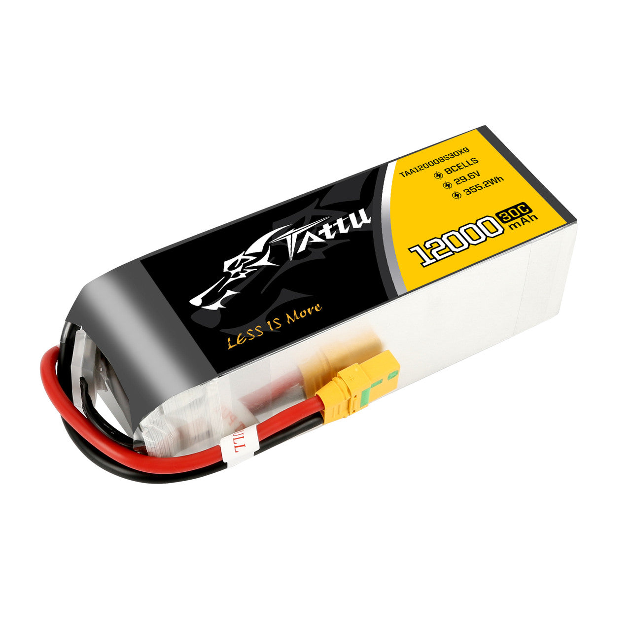 Tattu 8S LiPo battery pack labeled 12000mAh 30C 29.6V 355.2Wh with yellow XT90-S style connector