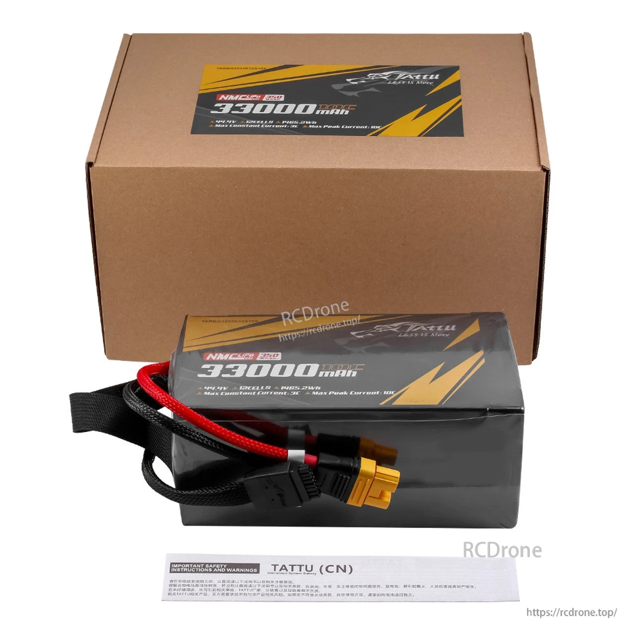 Tattu 12S1P 33000mAh 44.4V 10C LiPo battery, 350Wh/kg, AS150U-F plug, NMC-LiPo 3.0 tech, 3C continuous/10C peak discharge, 12-cell, 1485.2Wh; includes safety guidelines.
