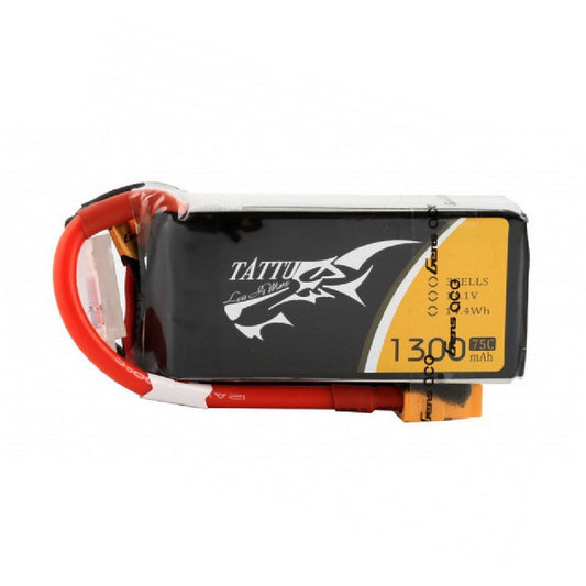 Tattu 1300mAh 3S 75C LiPo battery pack labeled 11.1V 3 cells, with red power leads and balance plug