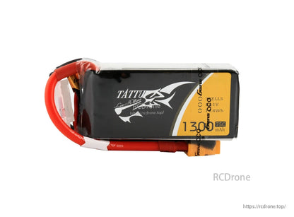 Tattu 1300mAh 3S 75C LiPo battery pack labeled 11.1V 14.4Wh, with red power leads and balance connector