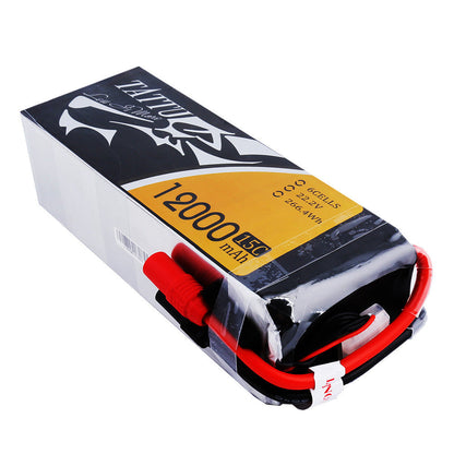 Tattu 15C 6S 12000mAh LiPo Battery, Tattu 6S 12000mAh 15C LiPo battery pack labeled 22.2V 266.4Wh with heavy-gauge leads and balance plug