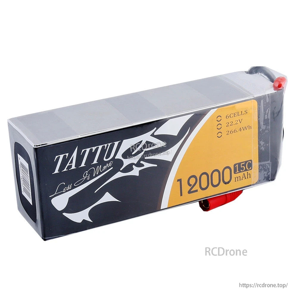 Tattu 15C 6S 12000mAh LiPo Battery, Tattu 6S 12000mAh 15C LiPo battery pack with label showing 22.2V and 266.4Wh, red power connector