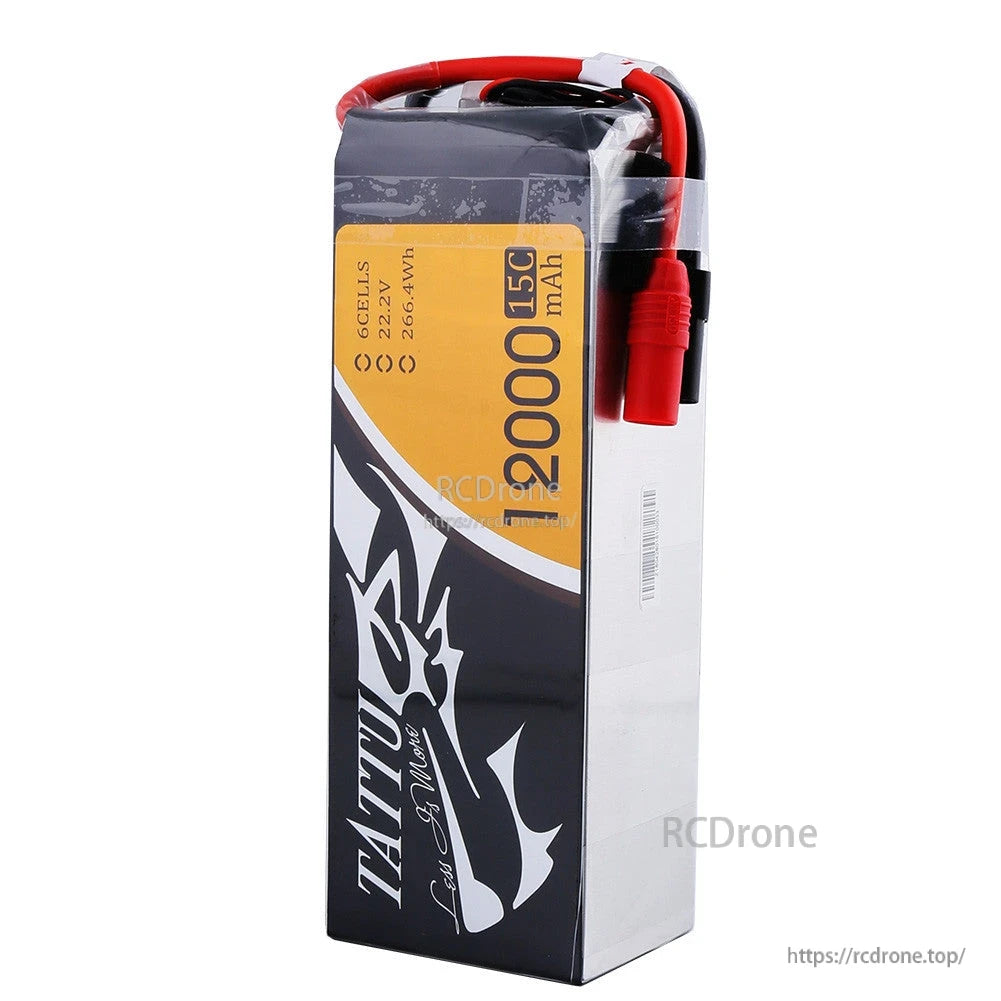 Tattu 15C 6S 12000mAh LiPo Battery, Tattu 6S 12000mAh 15C LiPo battery pack labeled 22.2V 266.4Wh with red high-current power connector