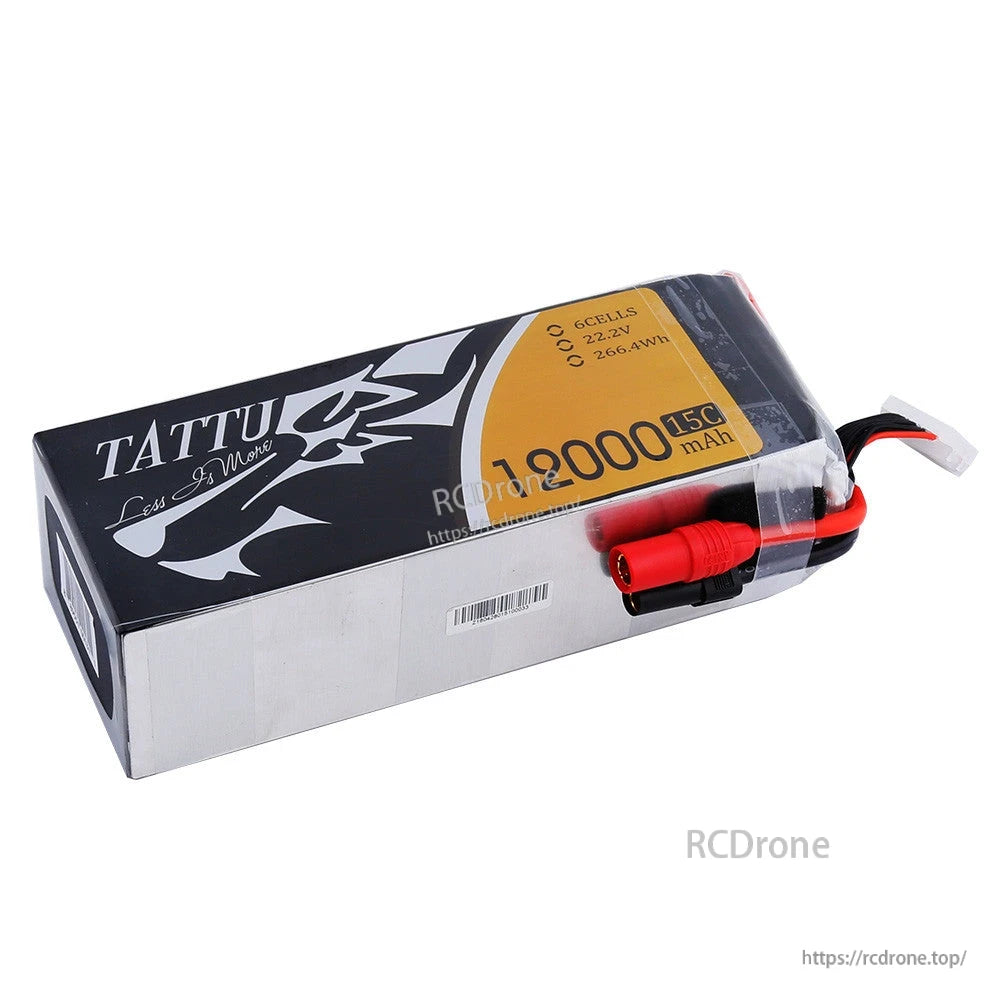 Tattu 15C 6S 12000mAh LiPo Battery, Tattu 6S LiPo battery pack labeled 22.2V 15C, with red main power connector and white balance plug