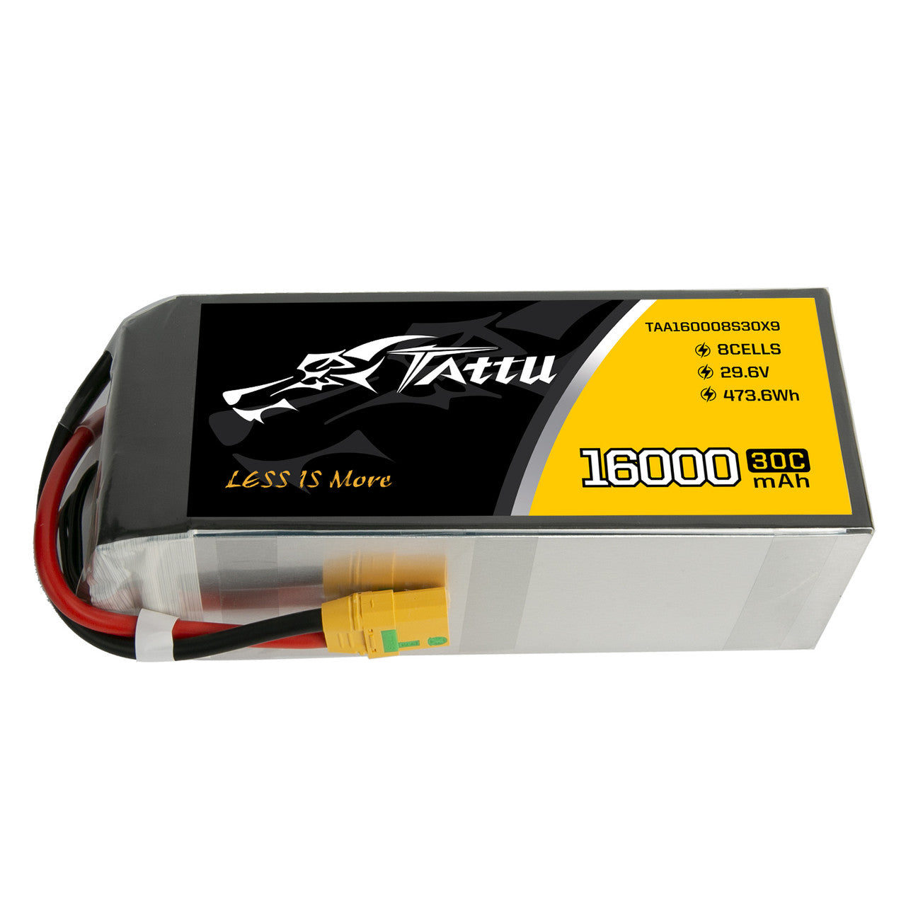 Tattu 8S 29.6V 16000mAh 30C LiPo battery pack with yellow XT90-style connector, labeled 473.6Wh