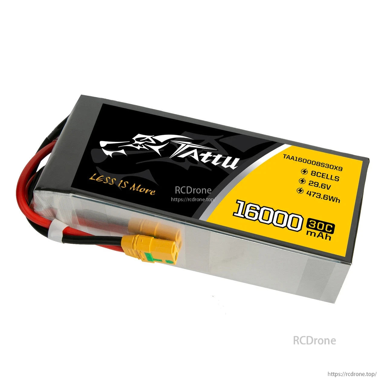 Tattu 16000mAh 8S LiPo battery pack labeled 29.6V 473.6Wh with yellow XT90-S style power connector leads