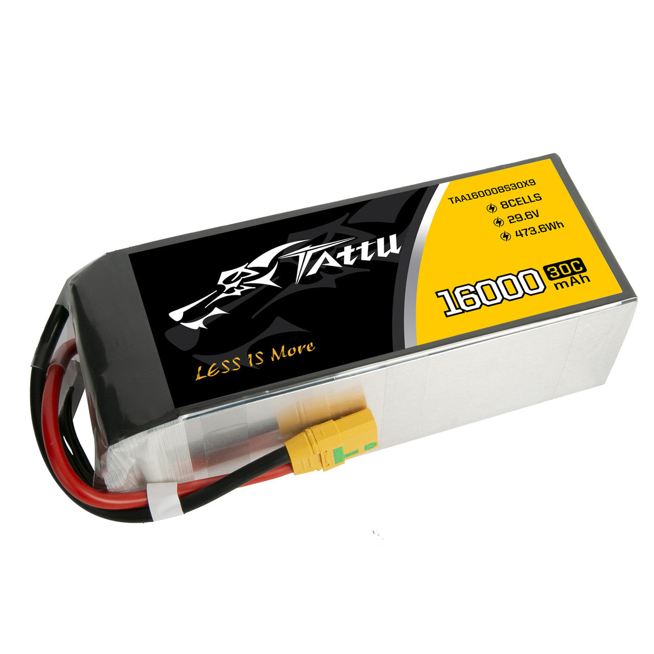 Tattu 16000mAh 8S LiPo battery pack with XT90-S connector, labeled 29.6V 473.6Wh 30C