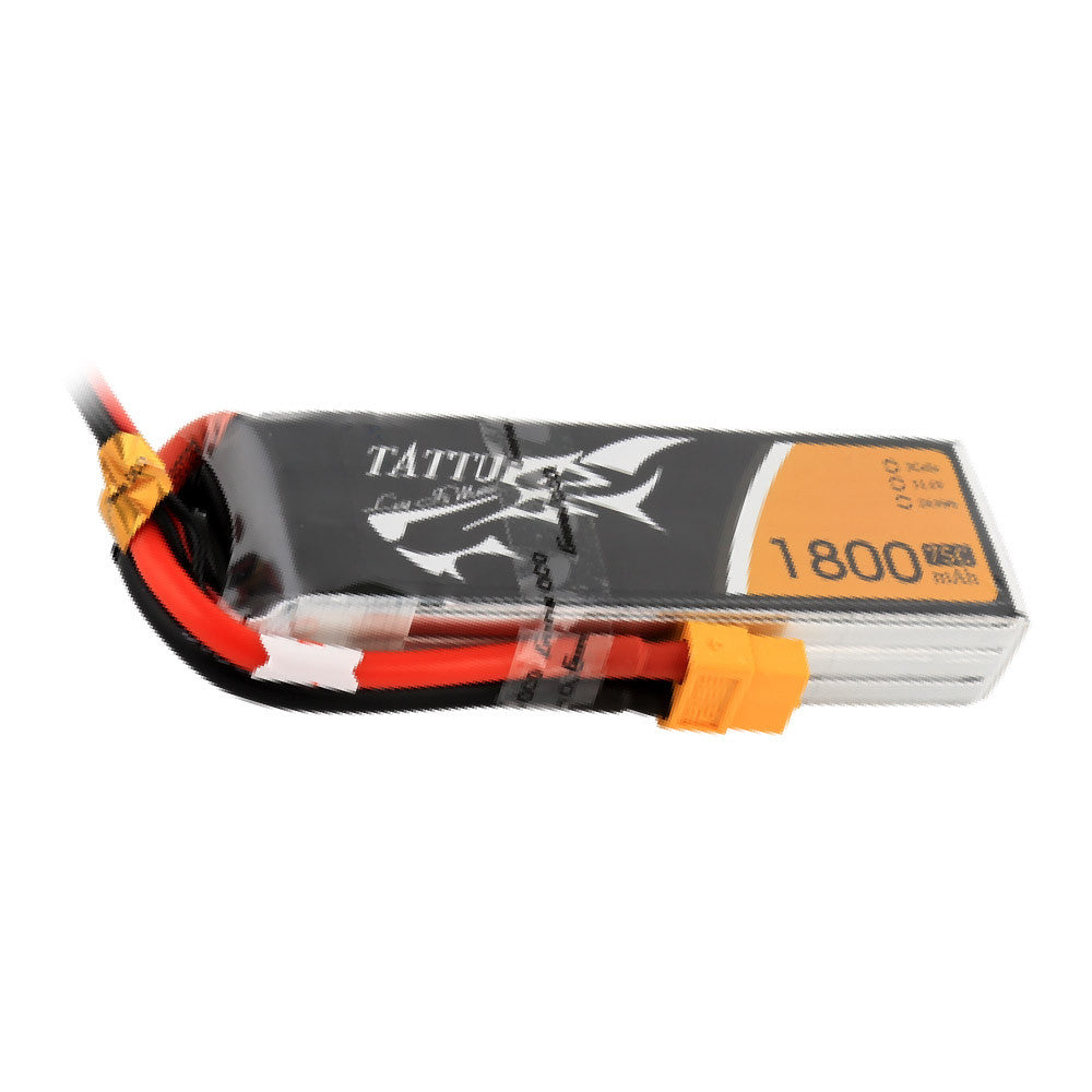 Tattu 1800mAh 3S 11.1V 75C LiPo Battery, Tattu 1800mAh 3S 11.1V LiPo battery pack with wrapped case, heavy-gauge leads, and yellow XT60 connector