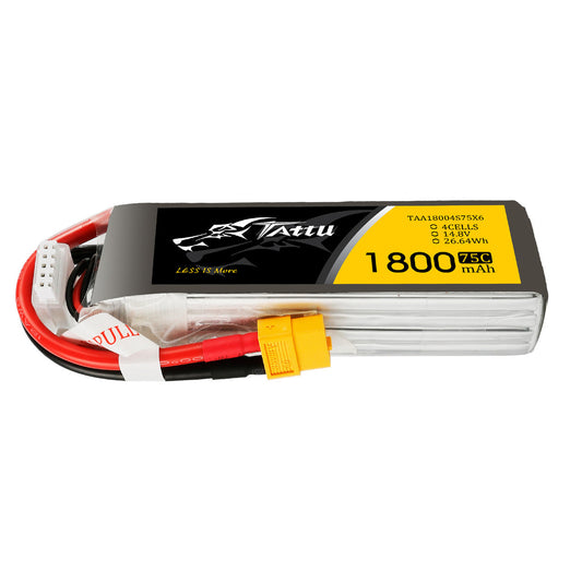 Tattu 1800mAh 4S1P 14.8V 75C LiPo Battery, Tattu 1800mAh 4S 14.8V 75C LiPo battery pack with XT60 connector and balance lead