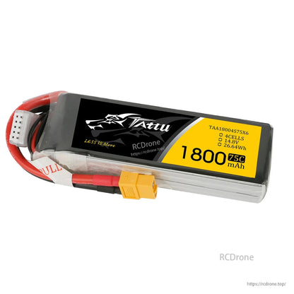 Tattu 1800mAh 4S1P 14.8V 75C LiPo Battery, Tattu 1800mAh 4S 14.8V 75C LiPo battery pack with XT60 plug and 5-pin balance lead